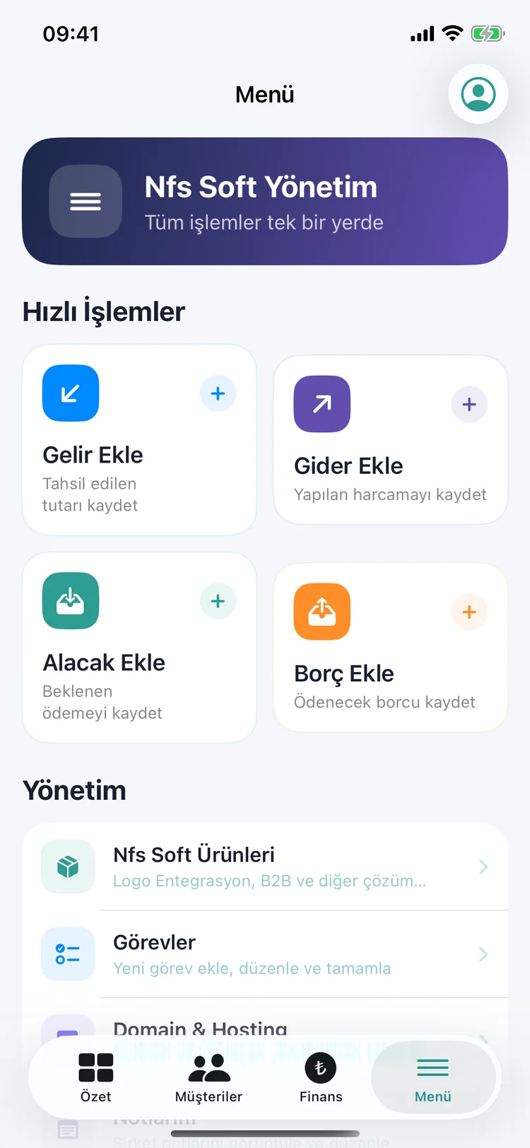 NFS Soft Yönetim — Mobil ekran 01