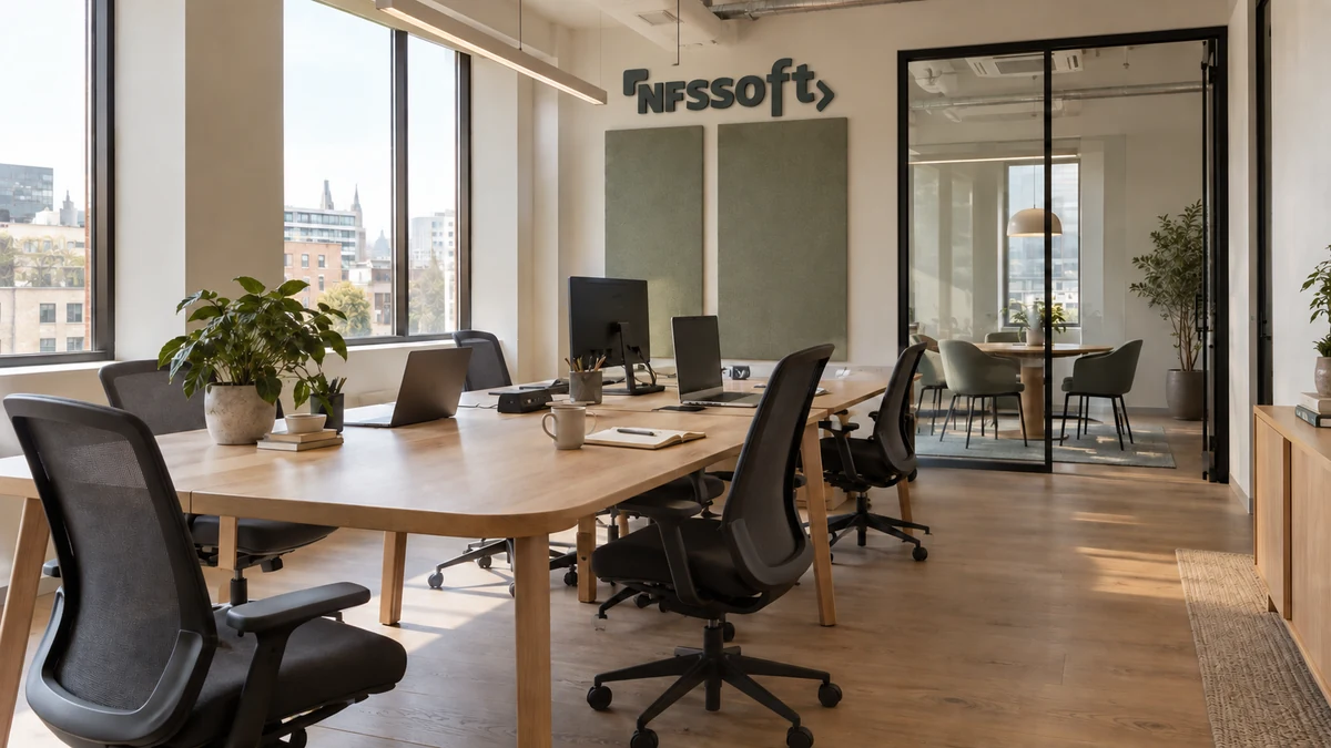 Duvarda NFS Soft logosu, açık ahşap ve doğal ışıkla stüdyo konsepti