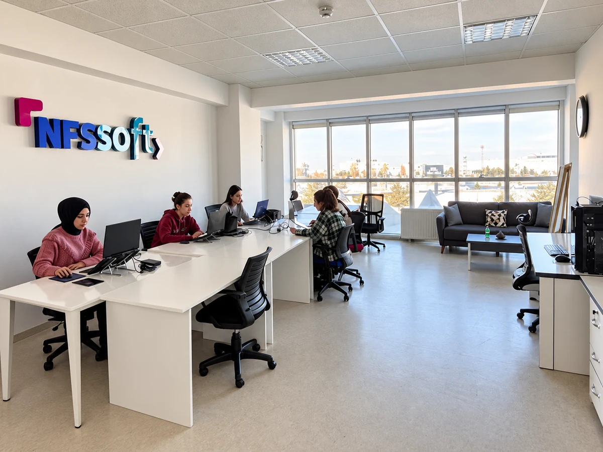 NFS Soft ofis fotoğrafının AI ile düzenlenmiş görünümü